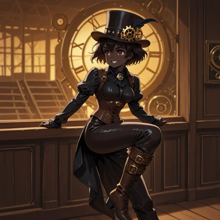 1girl, very dark skin, very dark-skinned female,
Steampunk Adventurer Gear â Brown leather corset, high boots, clockwork accessories. (Pose: tipping a top hat with a grin; side view; Setting: airship deck.)
<lora:DarkfireWeeb4:1>