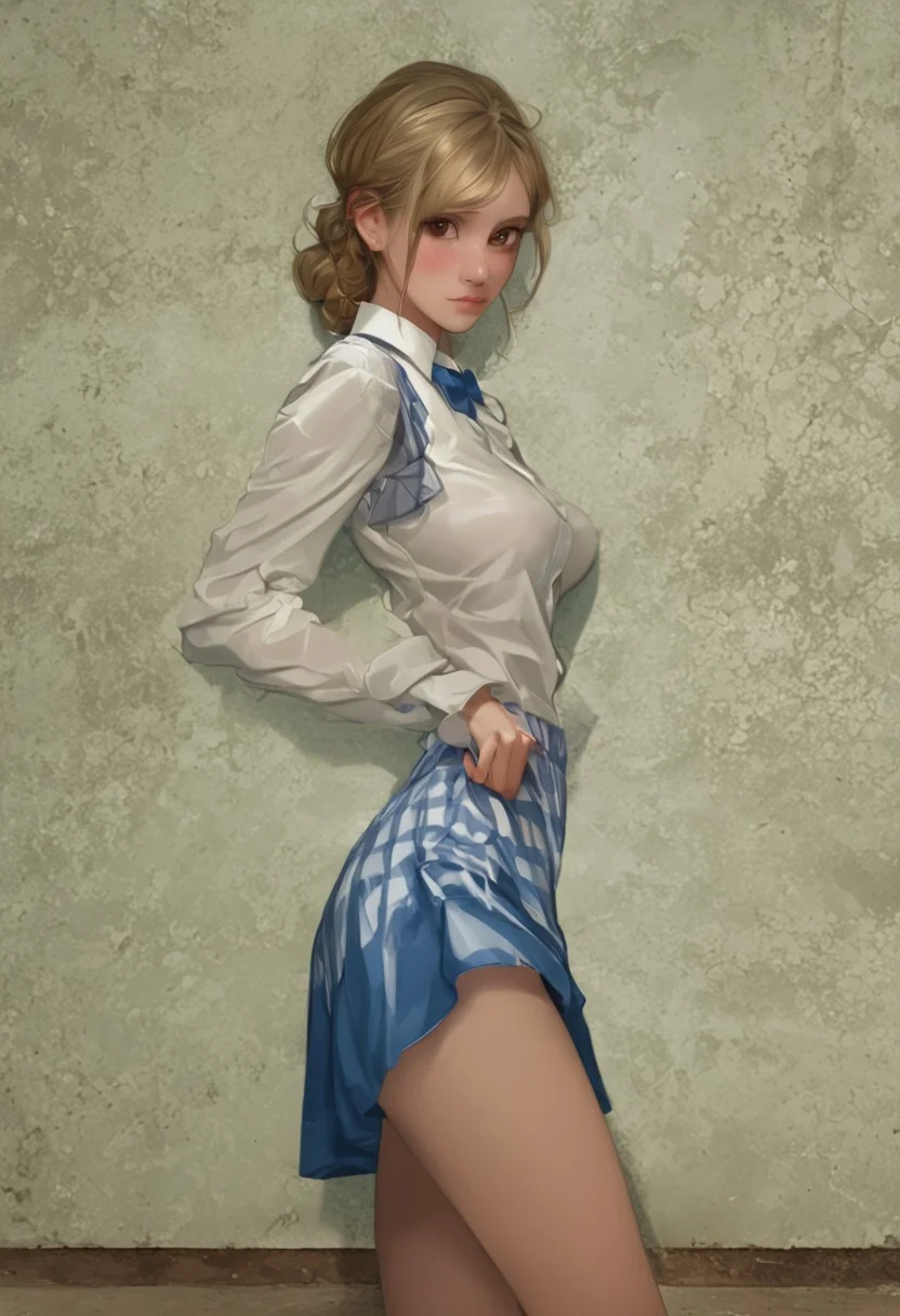 score_9, score_8_up, score_7_up, score_6_up,
1girl, 18 years old, brown eyes, blonde hair,
perfect beautiful face, shy,
medium large breasts,
majicmix_style, kobeya uniform, stripteasing,
blue skirt, blue neckwear,
<lora:kobeya_Pony_v1:0.7>