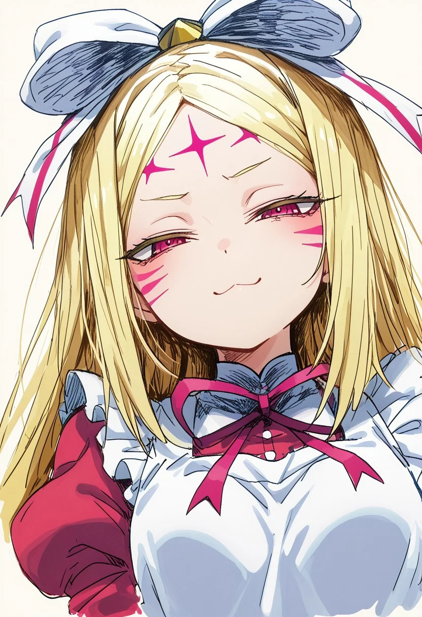 masterpiece, best quality, 1girl,
nero alice, long hair, blonde hair, red eyes, bow, hair bow, pink eyes, facial mark, forehead mark, long sleeves, dress, ribbon, apron, white apron, puffy sleeves, small breasts,
close up, looking at viewer, color sketch
rough sketch, traditional media, linear hatching, smug, solo, looking at viewer, closed mouth, simple background, portrait, :3, half-closed eyes, upper body