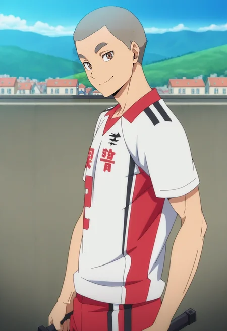 masterpiece, best quality, , anime screencap, anime coloring, official style, looking at viewer, 1boy, solo, male focus, <lora:Tamahiko_Teshiro-000009:0.98>, tamahiko_teshiro, grey hair, very short hair, brown eyes, from side, town, suburbs, midnight, holding weapon, naughty smile,