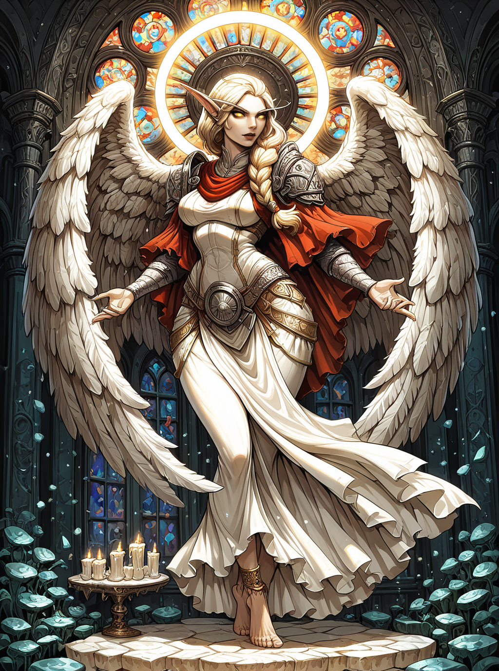sref5761, full body of elf woman wearing white tabard and red capelet, nose, lips, pauldrons, blonde, single braid, wide hips, legwear, barefoot, anklet, glowing angel wings, glowing halo, yellow eyes, particles, night, dark atmosphere, temple indoors, candles, stained glass windows, solo, glass shards, dynamic pose <lora:sxz-sref5761:0.8>
