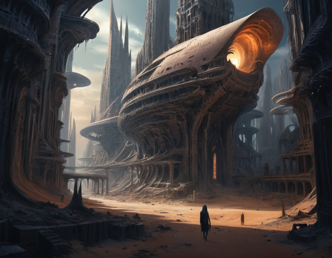 The ruins of this desolate city are like a shattered dreamscape, its towering spires and intricate labyrinths reduced to mere echoes in the howling winds of the alien desert, b3ks1n