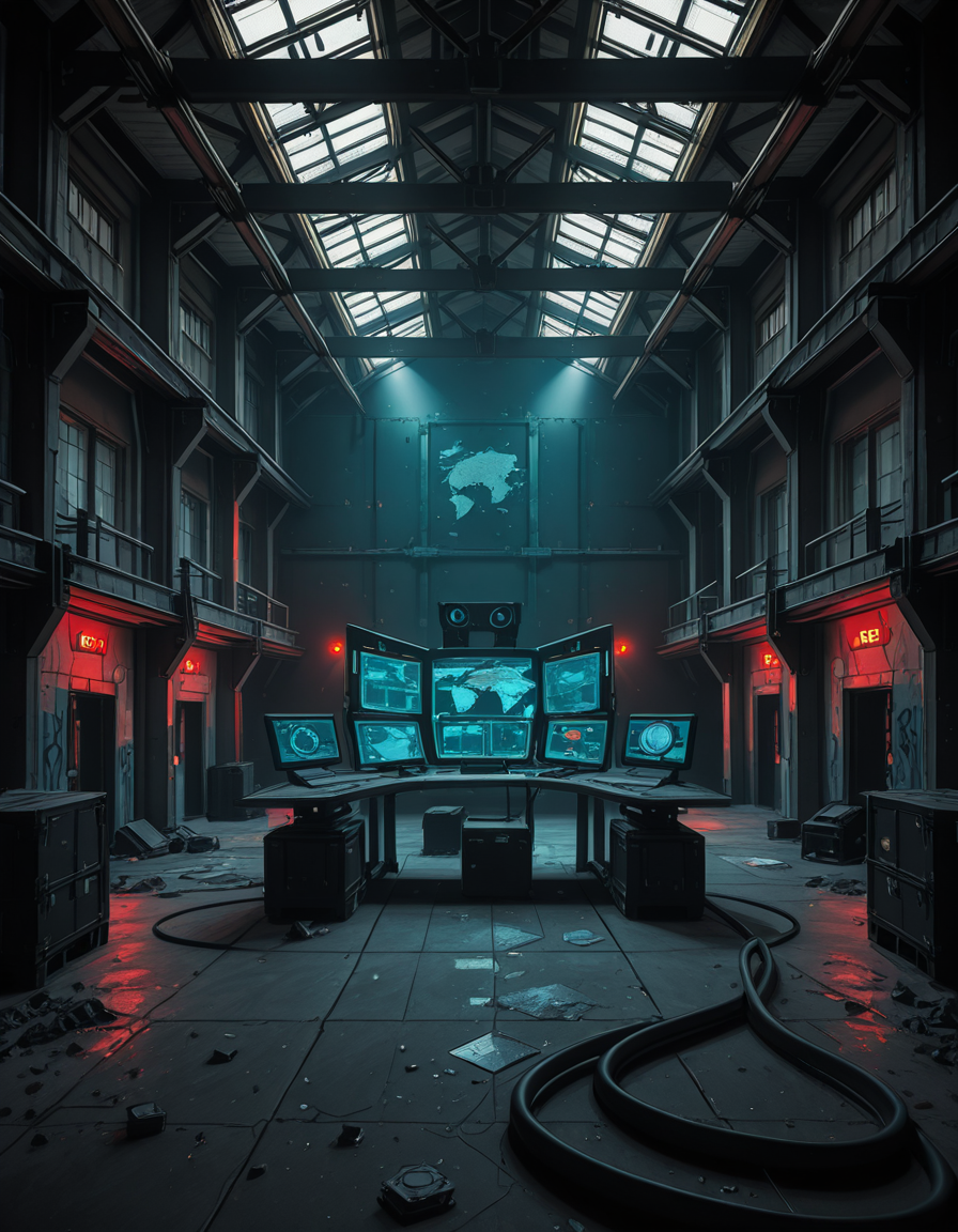 A dark, abandoned warehouse transformed into a villain's secret lair. The structure is massive and industrial, with rusted steel beams, shattered windows, and crumbling concrete walls covered in old graffiti. The floor is dusty and cracked, with scattered debris and oil stains. Dim red and blue lights glow from hidden sources, casting eerie, atmospheric shadows throughout the space. In the center, a high-tech command station glows with holographic maps, control panels, and futuristic computer screens. Advanced equipment, weapons racks, and strange scientific devices are neatly arranged on steel tables. Thick black cables snake across the floor and dangle from the ceiling. Makeshift metal dividers and reinforced crates create hidden zones for operations and storage. The setting is cinematic, mysterious, and tense, with dramatic lighting, high contrast between dark corners and glowing tech, and a realistic, moody art style â like a scene from a dystopian sci-fi thriller. No people or figures are present. 
<lora:SDXLFaeTastic2400:0.4> <lora:extremely_detailed:0.4> extremely detailed,villain secret l41r, <lora:villain_secret_l41r-i:1>, Masterpiece,best quality,hi res,8k,hi res,8k,award winning,(sharp focus, intricate, highly detailed),