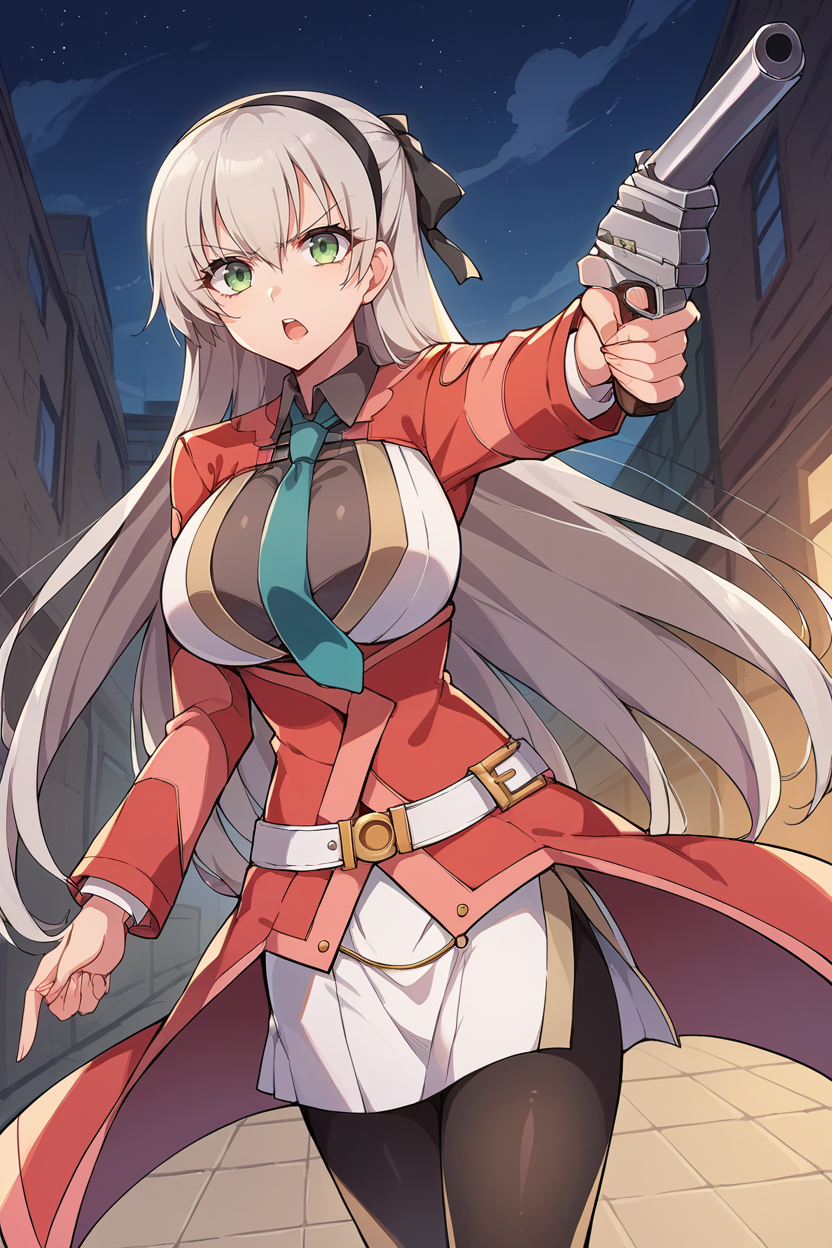 score_9, score_8_up, source_anime, 1girl  BREAK <lora:elie-pdxl-nvwls-v1-000006:1> cs4elie, hairband, hair ribbon, green necktie, red coat, belt, white skirt, black pantyhose, large breasts, aiming gun, gun, night sky, dark alleyway, city, serious, open mouth, standing, looking at viewer