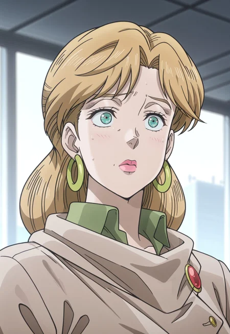 (masterpiece, amazing quality, best quality, anime coloring, detailed),very aesthetic, illustration, perfect composition, intricate details, absurdres, incredibly absurdres, (((1girl,solo,HolyKujo, Blonde Hair, Teal Eyes, Pink Lipstick, Tan Coat, Green Collar, Red Brooch, Green Hoop Earrings, perfect face,detailed eyes))),upper body, looking to right, nervous, indoors, airport