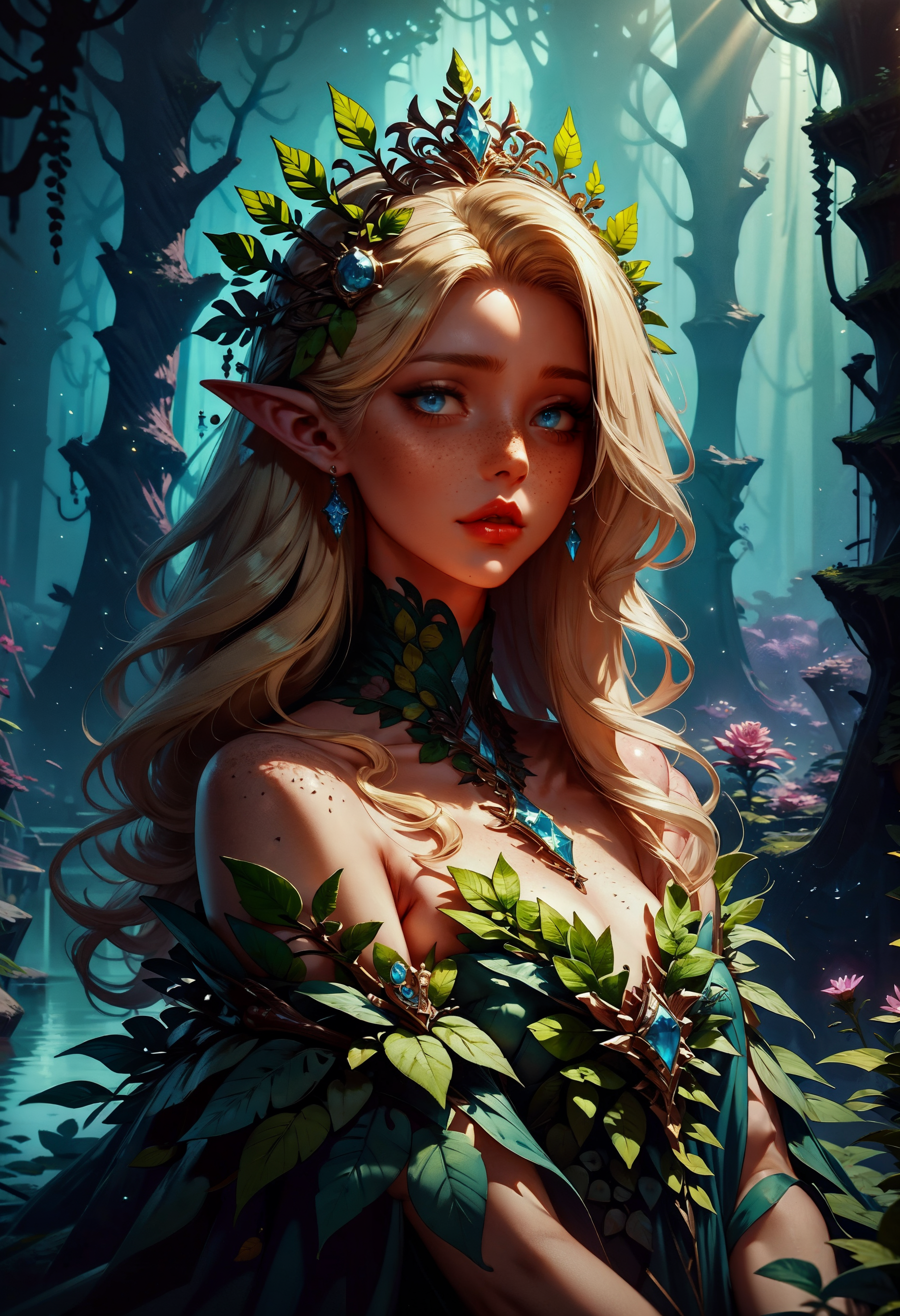 score_9, score_8_up, score_7_up, score_6_up, score_5_up, score_4_up,  fantasy, magical, full body, god rays, elven princess, pointy ears, beautiful, leaf dress, leaf, night, enchanted forest, glimmering lights, ivy, ferns, roses, moss, creek, crystal clear water, blonde hair, long hair, hair ornaments, beautiful eyes, freckles, 1girl, delicate and smooth skin, blush, perfect body, highly detailed, glossy lips, looking at viewer  <lora:Concept Art Twilight Style SDXL_LoRA_Pony Diffusion V6 XL:0.8> concept art, realistic, <lora:Expressive_H-000001:0.8> expressiveh, <lora:Kenva:0.8> knva,  <lora:sinfully_stylish_SDXL> 