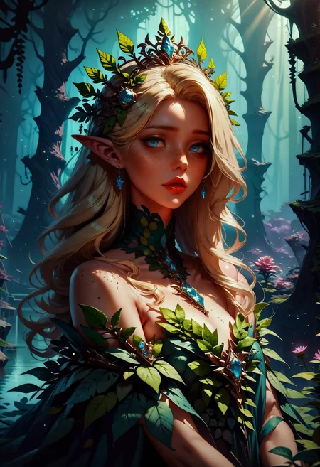 score_9, score_8_up, score_7_up, score_6_up, score_5_up, score_4_up,  fantasy, magical, full body, god rays, elven princess, pointy ears, beautiful, leaf dress, leaf, night, enchanted forest, glimmering lights, ivy, ferns, roses, moss, creek, crystal clear water, blonde hair, long hair, hair ornaments, beautiful eyes, freckles, 1girl, delicate and smooth skin, blush, perfect body, highly detailed, glossy lips, looking at viewer  <lora:Concept Art Twilight Style SDXL_LoRA_Pony Diffusion V6 XL:0.8> concept art, realistic, <lora:Expressive_H-000001:0.8> expressiveh, <lora:Kenva:0.8> knva,  <lora:sinfully_stylish_SDXL> 