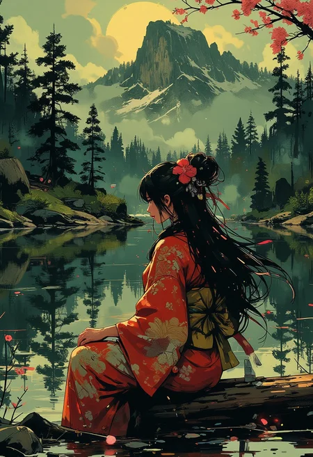 Mh1$AgThS2, intricate linework with expressive contrasts, soft lighting with dynamic highlights, A digital artwork in the style of cknc, image of a Japanese woman in a silk red and gold kimono, long hair, bangs, sakura flower in her hair, sitting serenely by a tranquil lake in a forest at dawn, with the surrounding forest reflected in the still waters