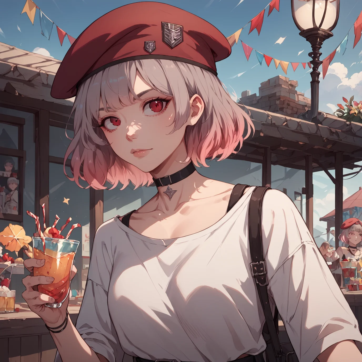 <lora:Gentiane_Girls_Frontline(PONY):1> gentiane, gradient hair, gray to pink hair, red eyes, short hair, choker with pendent, beret, casual clothing, at a party,, score_9, score_8_up, score_7_up,