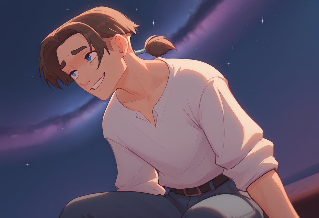 very awa, masterpiece, best quality, absurdres, newest, perfect quality, detailed background, intricate details, anime style, galaxy in the sky,
solo, fish eye lens, from front, dynamic angle, looking at sky,
BREAK (JimH4kins, brown hair, undercut, ponytail, blue eyes, white shirt, blue pants, grinning, dreamy),
<lora:ACTIVATOR for NoobAI-XL EPS [LoRA] - NoobAI-XL EPS 0.75+1.0 (CLIP 0.5) Merge:.65><lora:Jim_Hawkins__Treasure_Planet:1>