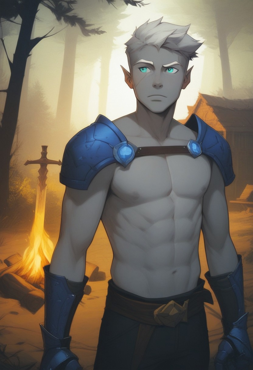score_9, score_8_up, score_8, score_7_up, male, standing, 25 years old, mischievous, handsome, flirty, dominant, narrow mouth, (half_elf:0.5), dark elf, (((grey skin))), (((short white hair))), short cut sides, ((white eyebrows)), grey ears, pointed_ears:0.5, (pointed human ears), split eyebrow, eyebrow scar on left side of face, ((detailed turquoise eyes)), 1boy, solo, sexy, athletic, abs:0.5, (shirtless, chest strap), shoulder armor, gauntlets, (sword-over-shoulder, weapon over shoulder, crossguard hilt), vox machina style, solo, at night, warlock, fantasy, forest background, (dynamic lighting:1.1), campfire
((masterpiece)),