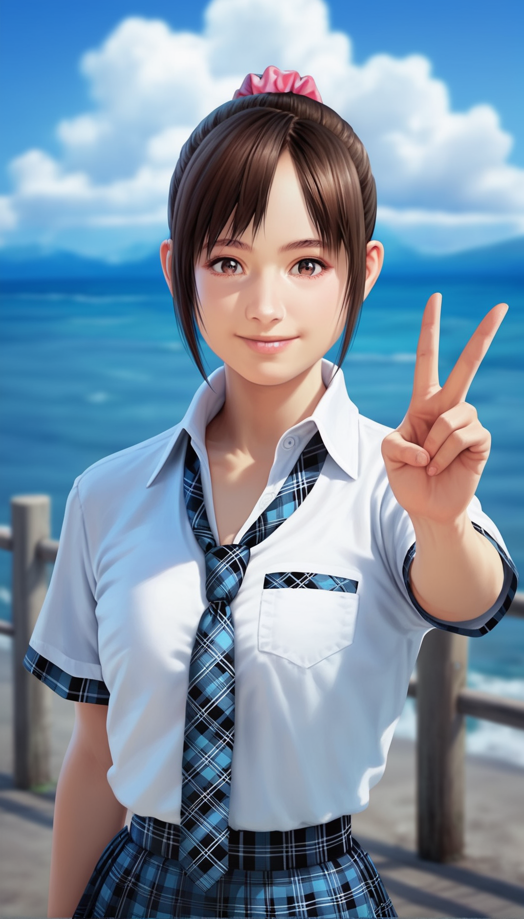 score_9,score_8_up,score_7_up,<lora:MiiyamotoHikari:0.9>,
miiyamotohikari,
highres,photorealism,
1girl,solo,black hair,ponytail,bangs,pink scrunchie,
brown eyes,looking at viewer,smile,
white collar shirt,blue plaid necktie,blue plaid skirt,
upper body,(v:1.1),
blurry background,outdoors,blue sky,ocean,cloud,sea fence,distant mountains,clear blue sky,soft clouds drifting,summer,