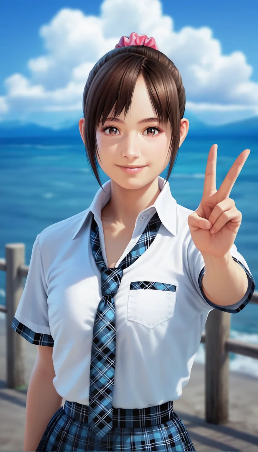 score_9,score_8_up,score_7_up,<lora:MiiyamotoHikari:0.9>,
miiyamotohikari,
highres,photorealism,
1girl,solo,black hair,ponytail,bangs,pink scrunchie,
brown eyes,looking at viewer,smile,
white collar shirt,blue plaid necktie,blue plaid skirt,
upper body,(v:1.1),
blurry background,outdoors,blue sky,ocean,cloud,sea fence,distant mountains,clear blue sky,soft clouds drifting,summer,