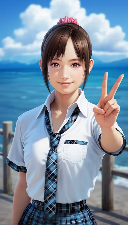 score_9,score_8_up,score_7_up,<lora:MiiyamotoHikari:0.9>,
miiyamotohikari,
highres,photorealism,
1girl,solo,black hair,ponytail,bangs,pink scrunchie,
brown eyes,looking at viewer,smile,
white collar shirt,blue plaid necktie,blue plaid skirt,
upper body,(v:1.1),
blurry background,outdoors,blue sky,ocean,cloud,sea fence,distant mountains,clear blue sky,soft clouds drifting,summer,