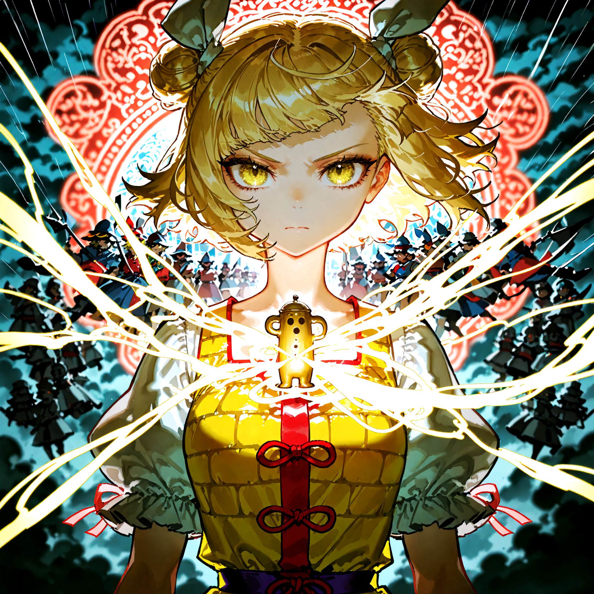 optical illusion,ssambatea, quasarcake, Fishine,piaki, touhou, joutouguu_mayumi, absurdres, highres ,1girl ,army, banner, blonde_hair, blurry, blurry_background ,closed_mouth, cloud ,dark_clouds, depth_of_field,dress, hair_ribbon ,haniwa_(statue) ,horse ,looking_at_viewer ,polearm, puffy_short_sleeves, puffy_sleeves ,rain ,ribbon ,serious ,shirt ,short_hair ,short_sleeves upper_body, weapon ,white_ribbon, white_shirt ,yellow_dress ,yellow_eyes,
<lora:illustrious_noobai_epsilon_pred_1_best_quality_v1:0.7> ,<lora:illustrious_noobai_epsilon_pred_1_masterpieces_v1:0.7>, <lora:ponyv4_noob1_2_adamW:0.7>, <lora:touhou_146:0.5>