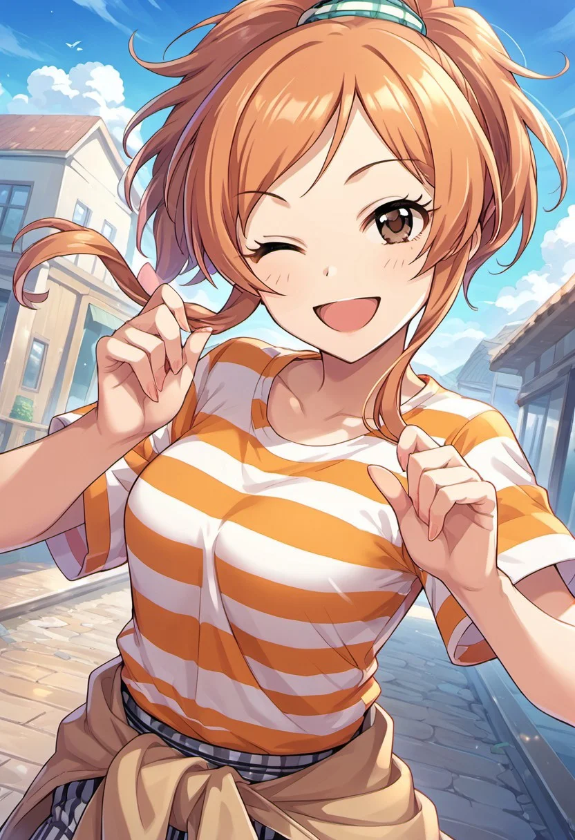 score_9, score_8_up, score_7_up, source_anime,komatsu ibuki, brown eyes, orange hair, 1girl, one eye closed,solo, smile, ponytail, striped, ;d, open mouth, striped shirt, clothes around waist