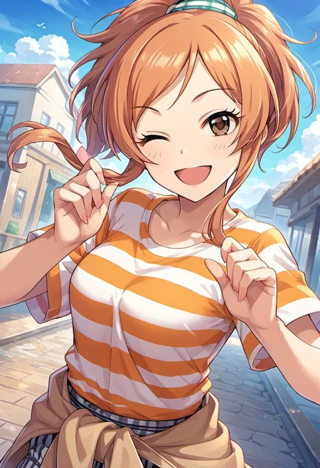 score_9, score_8_up, score_7_up, source_anime,komatsu ibuki, brown eyes, orange hair, 1girl, one eye closed,solo, smile, ponytail, striped, ;d, open mouth, striped shirt, clothes around waist