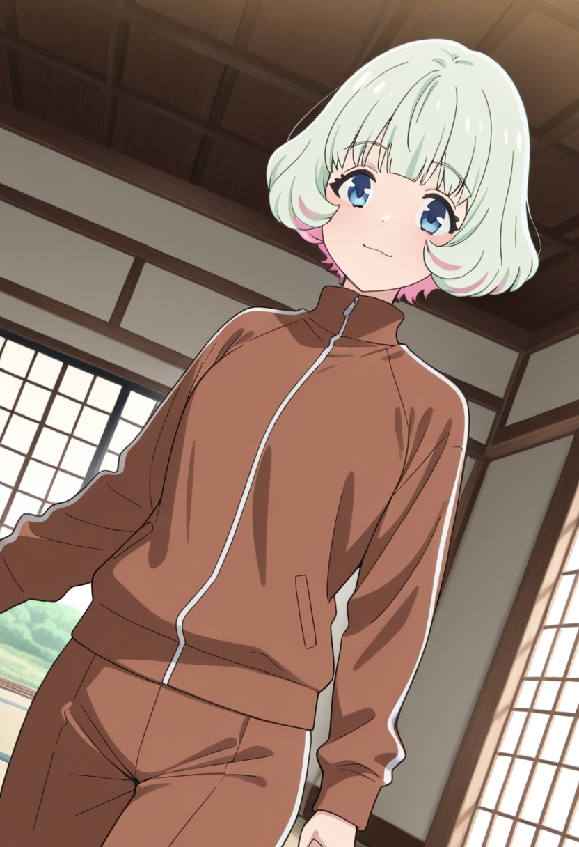 masterpiece,best quality,absurdres,perfect lighting,tatami,,window,shouji,Japanese room,
*//*,<lora:HealerGirl_HibikiMorishima-Illustrious:1>,hibiki_morishima,1girl,solo,green hair,short hair,colored inner hair,pink hair,blue eyes,bangs,track jacket,brown jacket, long sleeves,brown shorts,
*//*,looking at viewer,cowboy shot,dutch angle,dynamic pose,light smile,
