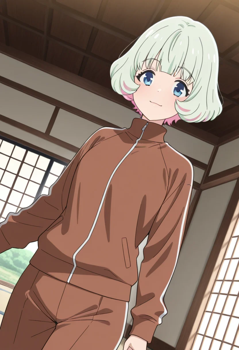 masterpiece,best quality,absurdres,perfect lighting,tatami,,window,shouji,Japanese room,
*//*,<lora:HealerGirl_HibikiMorishima-Illustrious:1>,hibiki_morishima,1girl,solo,green hair,short hair,colored inner hair,pink hair,blue eyes,bangs,track jacket,brown jacket, long sleeves,brown shorts,
*//*,looking at viewer,cowboy shot,dutch angle,dynamic pose,light smile,