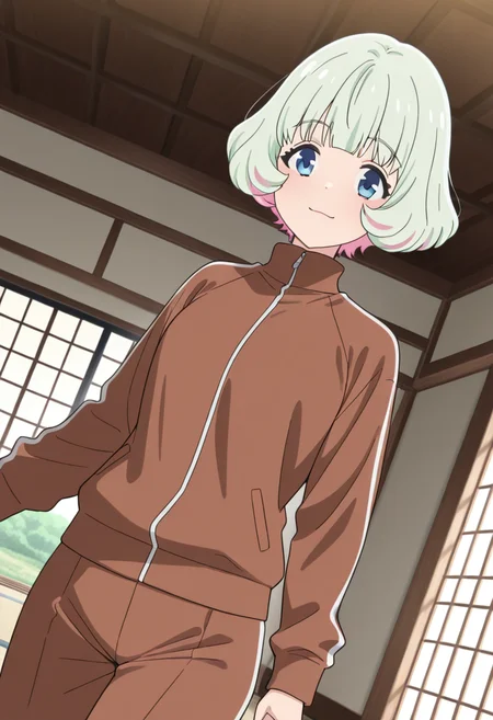 masterpiece,best quality,absurdres,perfect lighting,tatami,,window,shouji,Japanese room,
*//*,<lora:HealerGirl_HibikiMorishima-Illustrious:1>,hibiki_morishima,1girl,solo,green hair,short hair,colored inner hair,pink hair,blue eyes,bangs,track jacket,brown jacket, long sleeves,brown shorts,
*//*,looking at viewer,cowboy shot,dutch angle,dynamic pose,light smile,