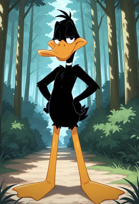masterpiece, best quality, amazing quality,
forest setting, solo, 1boy,
daffy duck, duck, black feathers, black body, orange bill, orange legs, black duck tail,
smug, confident,
<lora:Furry_Anthro_Daffy_Duck_Lora:0.8>