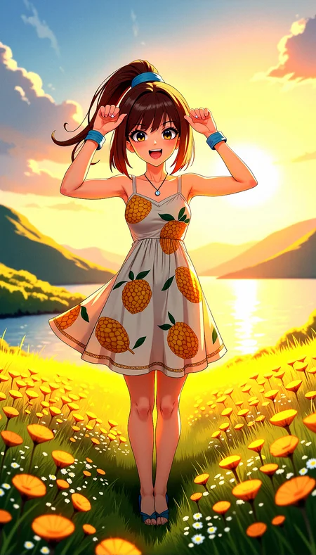 anime screencap style of a 35 years old beautiful woman, standing on a grassland,full of small flowers, wearing sundress durian printed, simple necklace,wrist scrunchie, high ponytail,brown hair , long bangs, long fingernails, nail polish, slightly tanned skin, smiling warmly, outdoors, sunny morning,lens flare, serene lake, sunrise, intricate details, vibrant colors, Dynamic Shadows,
Soft Eyebrow Definition, Glossy Eyes, Standing with both arms extended, palms facing upwards.
The atmosphere is calm and reflective, with the autumnal colors contributing to a nostalgic, peaceful mood. The light is soft, with long shadows suggesting the time is either early morning or late afternoon, further enhancing the tranquil vibe.