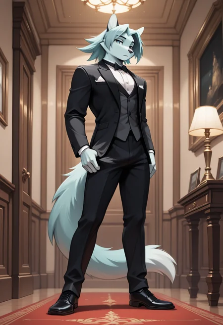 masterpiece, best quality, amazing quality, (du57aet, anthro, tail), ((male focus, 1boy, solo)), male, anthro, standing, indoors, tuxedo<lora:Illustrious\dust-illuv2.safetensors:1.0000000000000002:1.0000000000000002>