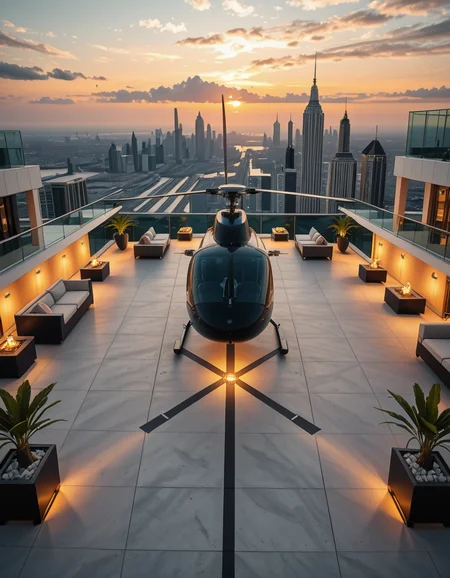A high-resolution photo of a luxurious rooftop of a five-star hotel at sunset, featuring a sleek helipad with a high-end, matte-black private helicopter elegantly parked. The rooftop is designed with ultra-modern architecture, featuring a spacious terrace with infinity-edge glass railings, ambient lighting, and a panoramic city skyline in the background. The surface of the helipad is clean, polished concrete with clear illuminated markings. Surrounding the helipad, there are lounge areas with modern outdoor furniture, minimalist fire pits, and decorative planters with tropical greenery. The lighting is warm and golden, casting soft shadows and highlighting the contours of the helicopter and the textures of the rooftop. The sky is dramatic, painted with hues of orange, pink, and violet, creating a cinematic atmosphere of luxury and exclusivity. The overall mood is elite, calm, and aspirational, showcasing the ultimate in urban luxury lifestyle.
<lora:SDXLFaeTastic2400:0.4> <lora:extremely_detailed:0.4> extremely detailed,helipad r00ft0p <lora:helipad_r00ft0p-i:1>, Masterpiece,best quality,hi res,8k,hi res,8k,award winning,(sharp focus, intricate, highly detailed),