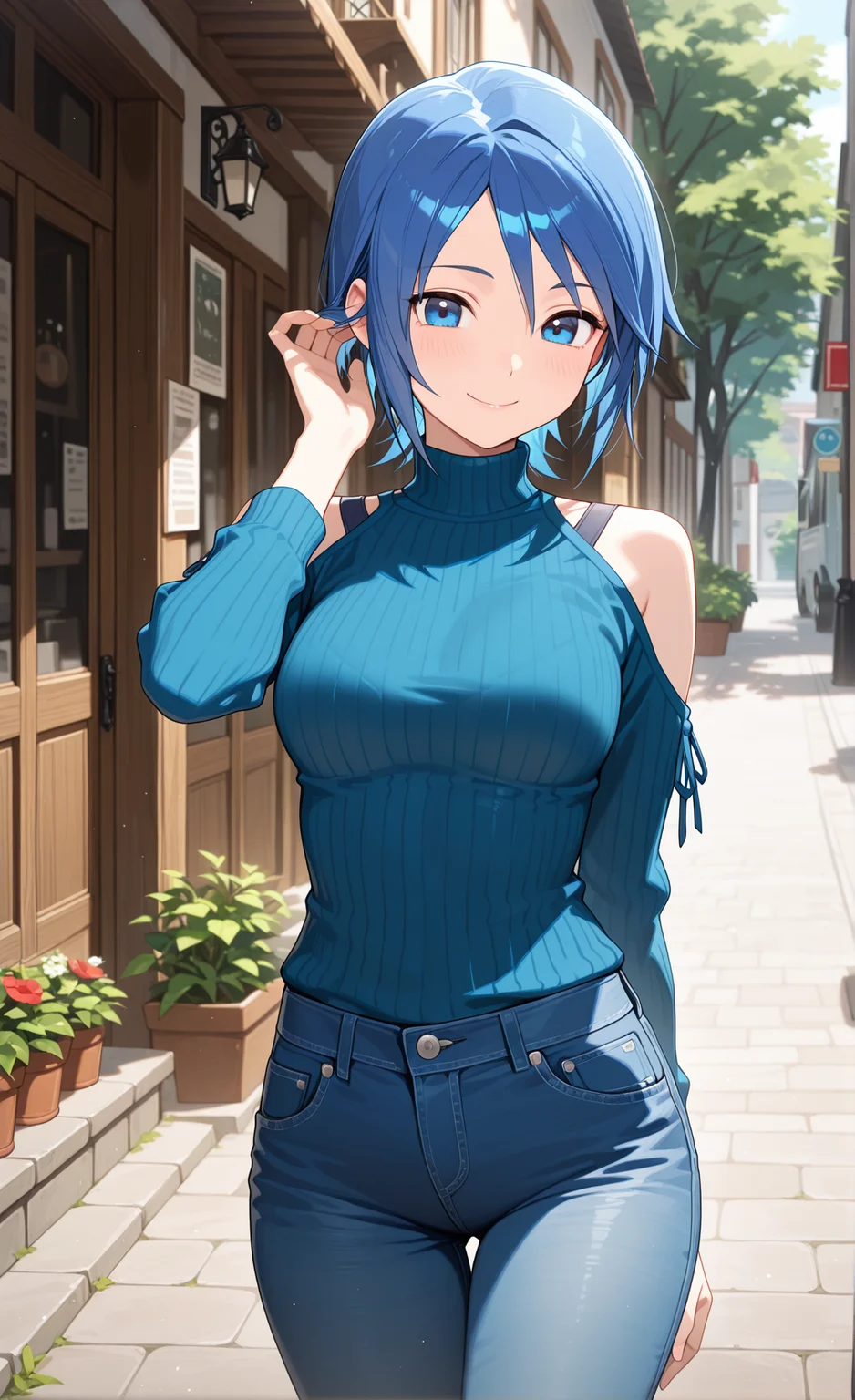 masterpiece,best quality,amazing quality, absurdres, 1girl, solo, <lora:IllAqua:1> illuaqua, short hair, blue hair, blue eyes, turtleneck sweater, jeans, smile, shoulder cutout, adjusting hair, outdoors,
