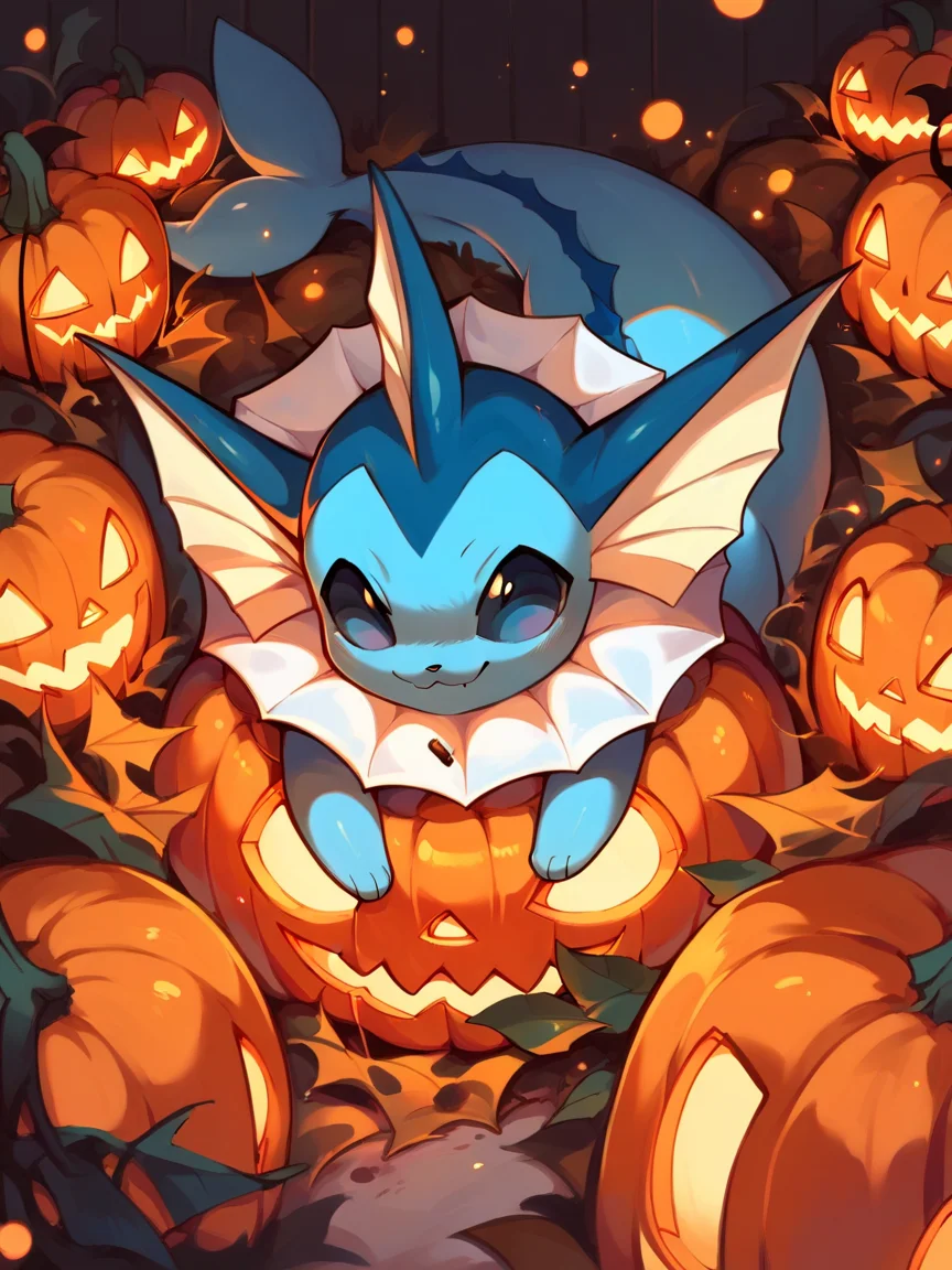 score_9, score_8_up, score_7_up, score_6_up, score_5_up, <lora:halloweenpokemonXLP:1> halloween pokemon, no humans, jack-o'-lantern, (vaporeon:1), candy,