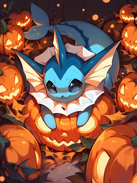 score_9, score_8_up, score_7_up, score_6_up, score_5_up,   <lora:halloweenpokemonXLP:1> halloween pokemon, no humans, jack-o'-lantern, (vaporeon:1), candy,