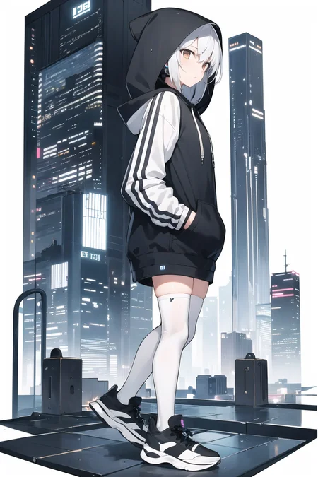 masterpiece, best quality, masterpiece,1girl,solo,hoodie, thighhighs, sneakers, headphones, rain,neon lights, expressionless, hood up, hands in pockets, from side, looking away, cityscape, <lora:tachi-e:1>, tachi-e, (white background), full body