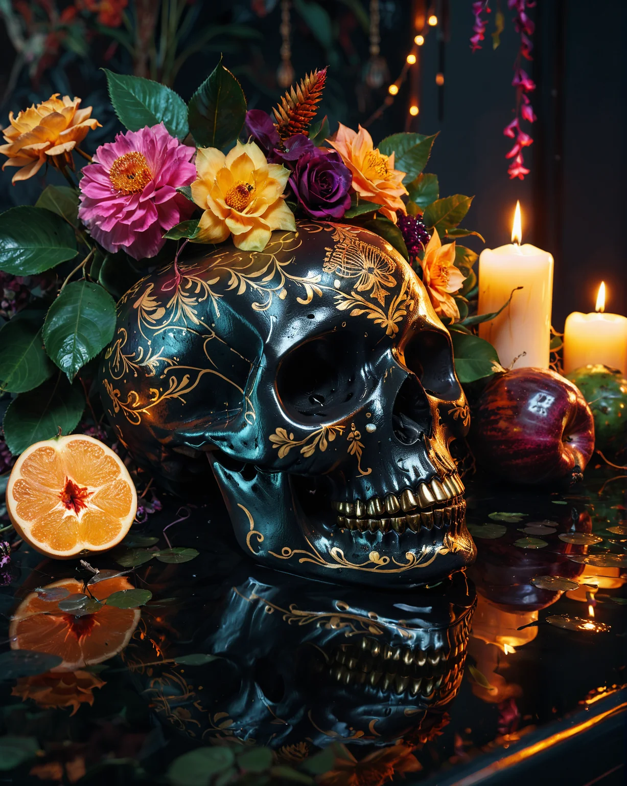 stunning still-life photo render of a Mexican Skull Calavera, dark moody lighting, black skull, tattoos, water reflection, gold shiny teeth, surrounded by poetic ornamental elements such as fruits, flowers, cinematic color grading, neon paint, garlands of lights and native plants, votive candles, studio lighting, 8k <lora:glowneon_xl_v1:1> <lora:add-detail-xl:1>