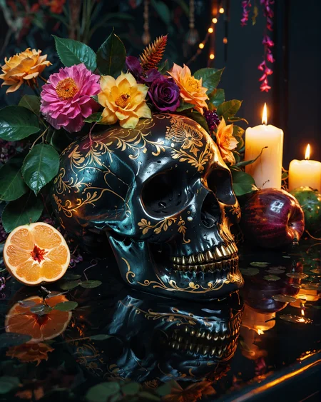 stunning still-life photo render of a Mexican Skull Calavera, dark moody lighting, black skull, tattoos, water reflection, gold shiny teeth, surrounded by poetic ornamental elements such as fruits, flowers, cinematic color grading, neon paint, garlands of lights and native plants, votive candles, studio lighting, 8k <lora:glowneon_xl_v1:1> <lora:add-detail-xl:1>