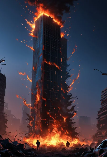 Masterpiece, 4k, ultra high detail,
Dark sky, burning sky, nighttime, night, burning skyscraper, destoyed skyline,
Apocalyptic scene, burning skyscraper, burning city, destroyed cars, Collapsing buildings,
End of the World,
negative_hand, NightScapes,