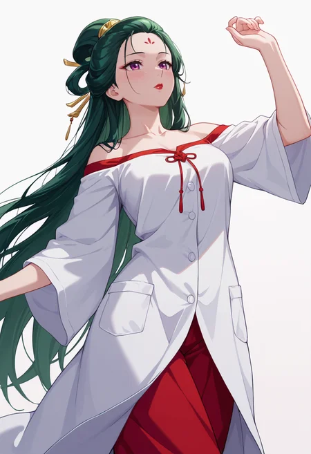 Smooth Quality,masterpiece,very intricate, high quality details, ultra realistic, high detailed skin,detailed enviorement,absurdres,
simple background, white background,solo,
from below,blush,dancing,
<lora:Fengxian_CNR:0.8> feng_cnr, 1girl,green hair,very long hair,purple eyes,forehead mark, collarbone, red lips,
off-shoulder top, ,doctor coat, ,flared pants, ,