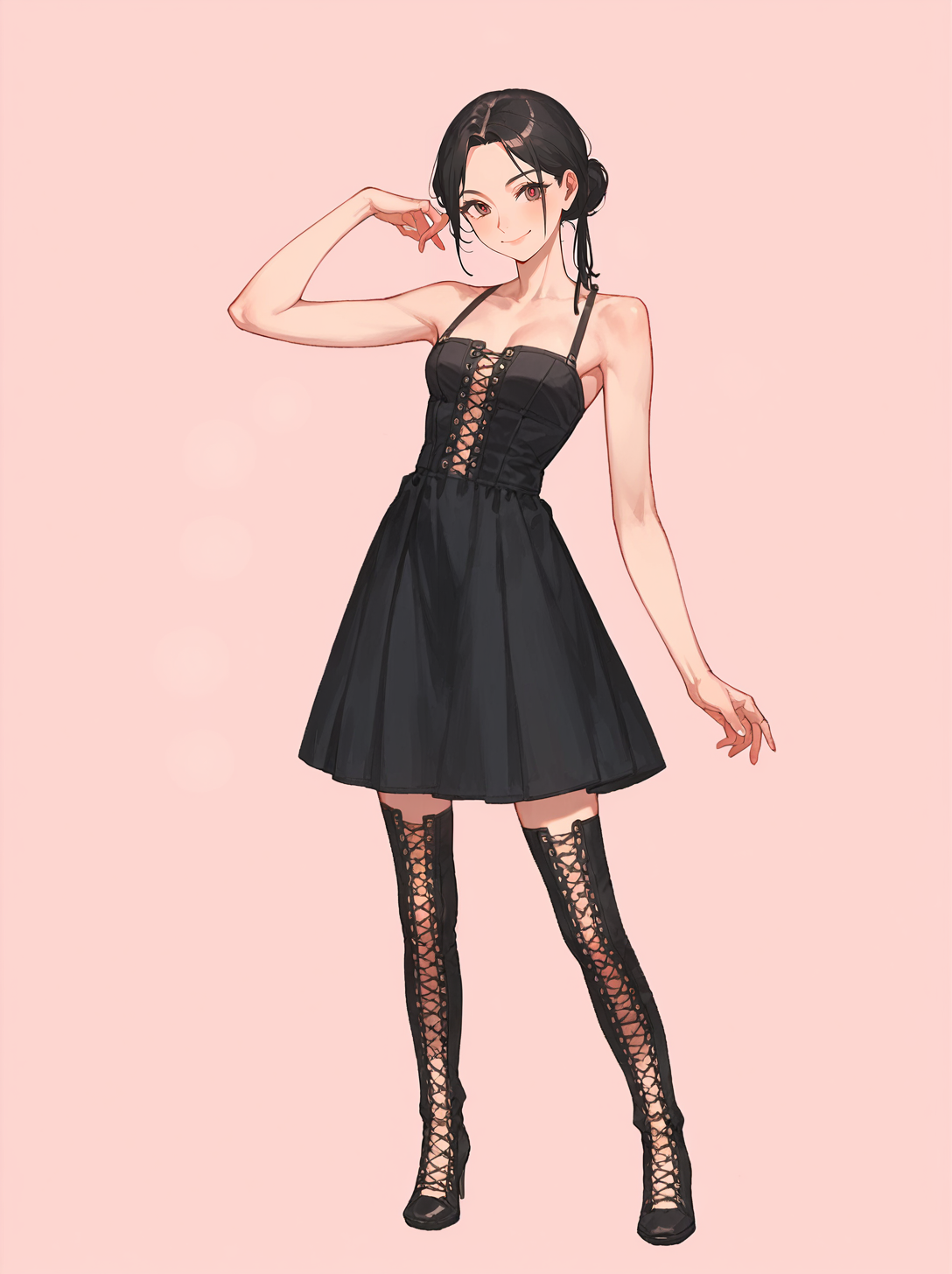 score_8_up, score_7_up, score_6_up, source_anime, 1girl, solo, simple background, pink background,
standing, pose, contrapposto, arched back,  facing viewer, (full body:1.4)
smile, 
cross-laced footwear,
black dress <lora:Cross-Laced_Boots:1>