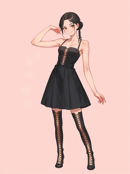 score_8_up, score_7_up, score_6_up, source_anime, 1girl, solo, simple background, pink background,
standing, pose, contrapposto, arched back, facing viewer, (full body:1.4)
smile,
cross-laced footwear,
black dress <lora:Cross-Laced_Boots:1>