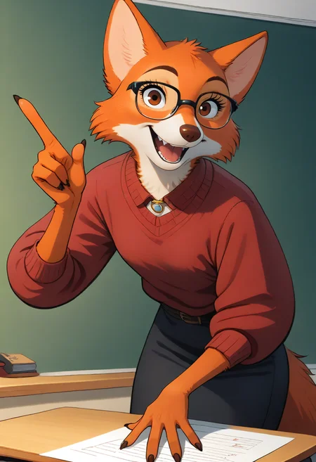 on model, marianc, 1girl, solo, female, orange fur, brown eyes, brown nose, fluffy, upper body, glasses, classroom, chalkboard, teacher, teaching, red sweater, smiling, open mouth, talking, looking at viewer, intelligent, excited, mature, happy, semi-realistic, educational, holding paper, pointing, raised eyebrows, leaning forward, ears to side, small breasts, from front, fox, ears,
, <lora:Marian v9b-10s:1>