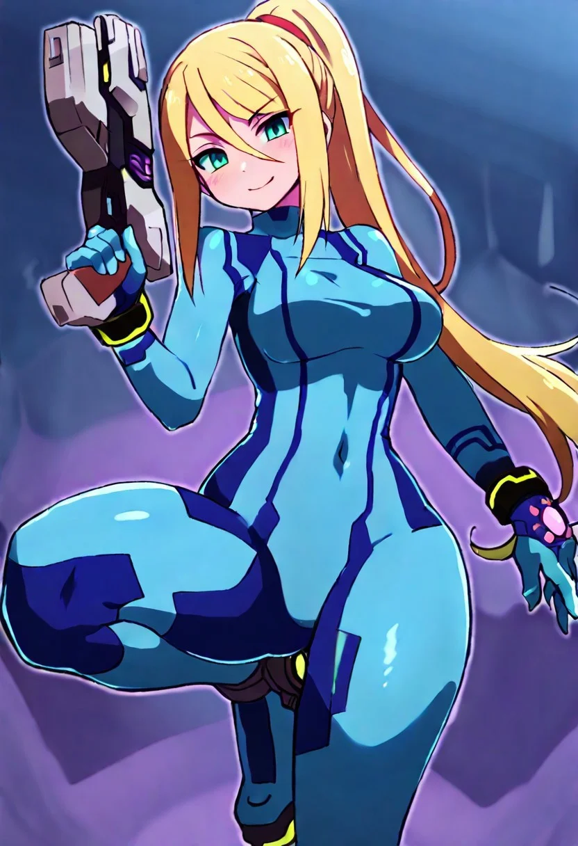masterpiece, best quality, absurdres, medium breasts, (curvy), cute, eyelashes,
vivid colors,
BREAK,
,,,
defSamus, blonde hair, bodysuit, blue clothes, blue pants, high heels, wide hips, narrow waist,
BREAK,
cowboy shot, looking at viewer, smile