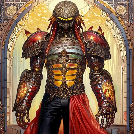 Bionic man, 1boy, looking at looking at viewer, Heavy braids, yellow eyes || helmet, o-ring top, red sarong, black shorts, shoulder armor, monster man, 1boy, monster man, gradient, colored skin, solo, covered eyes,, ultra detailed, masterpiece, best quality, aesthetic, detailed,
ArsMJStyle, Art Nouveau