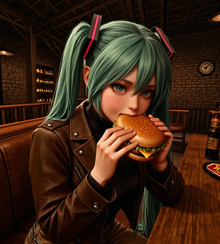 kingpin, realistic, masterpiece, best quality, amazing quality, realism, hyperrealistic, cinematic lighting, extreme close-up, upper body, hatsune miku, solo, leaning on metal railing, intense expression, confident eyes, old worn brown leather jacket, black turtleneck, brown pants with chain accessory, black boots, bar (place), brick wall, wooden interior, wooden table, old worn out leather sofa, eating burger,  <lora:dmd2_sdxl_4step_lora:1> <lora:Kingpin_-_Life_of_Crime_Style_E17_DIM16_ILXL_V1.2:0.8>