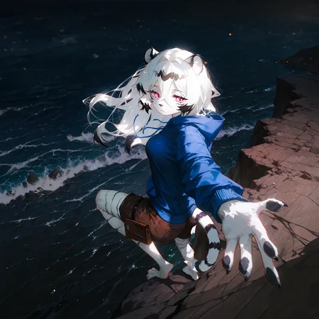 1girl,hannah,kemono,blue hoodie,brown cargo shorts,white hair,white fur,long hair,
from above,looking back,foreshortening,outstretched arm,floating,
cliff,ocean,rock,turbulence,night,dark,
dino \(dinoartforame\),grainy texture,heavy blur,old photo effect,sepia tone,film grain,analog style,photo distortion,color bleed,atmospheric lighting,1940s style,muted colors,light fog,vignette,faded edges,vintage vibe,
cinematic lighting,masterpiece,best quality,good quality,newest,highres,absurdres,
<lora:Hannah_Mahjong_Soul_Illustrious_v02:0.8>, <lora:ponyv6_noobV1_2_adamW:0.45>