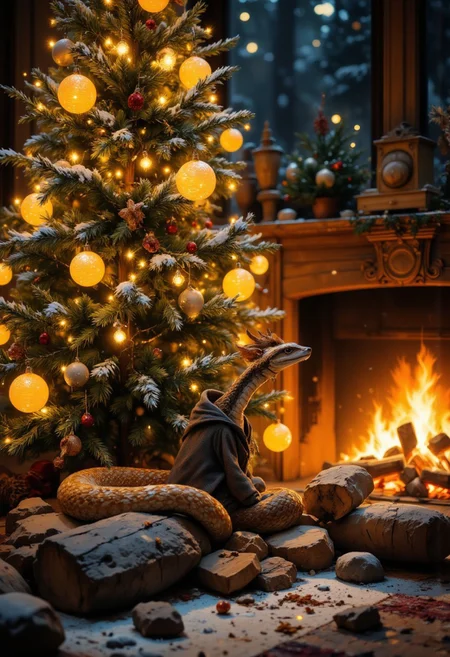 A cute snake decorating christmas tree, fire place, cosy, wearing a cosy sweater, funny sleep hat, winter christmas atmosphere