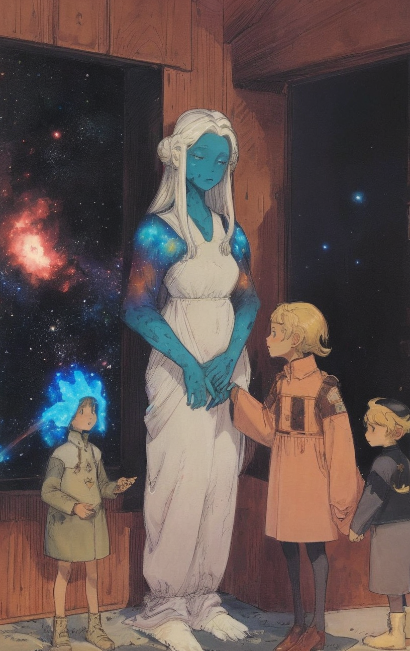artwork <lora:Moebius:1>, Medium Long Shot of a family, prairie, nocturnal beauty,calcite deposit,nebula