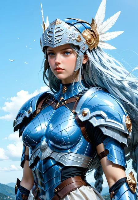 Beautiful woman, 24 years old. Fair skin. Smooth skin. Silvery blue hair. Incredible detail, high clarity. Free hair with braids. Long hair. Lips. 

Valkyrie helmet, winged helmet, beaked helmet.

Deep blue armor, metal armor, smooth armor. White pleated skirt. Good anatomy. Detailed face. 