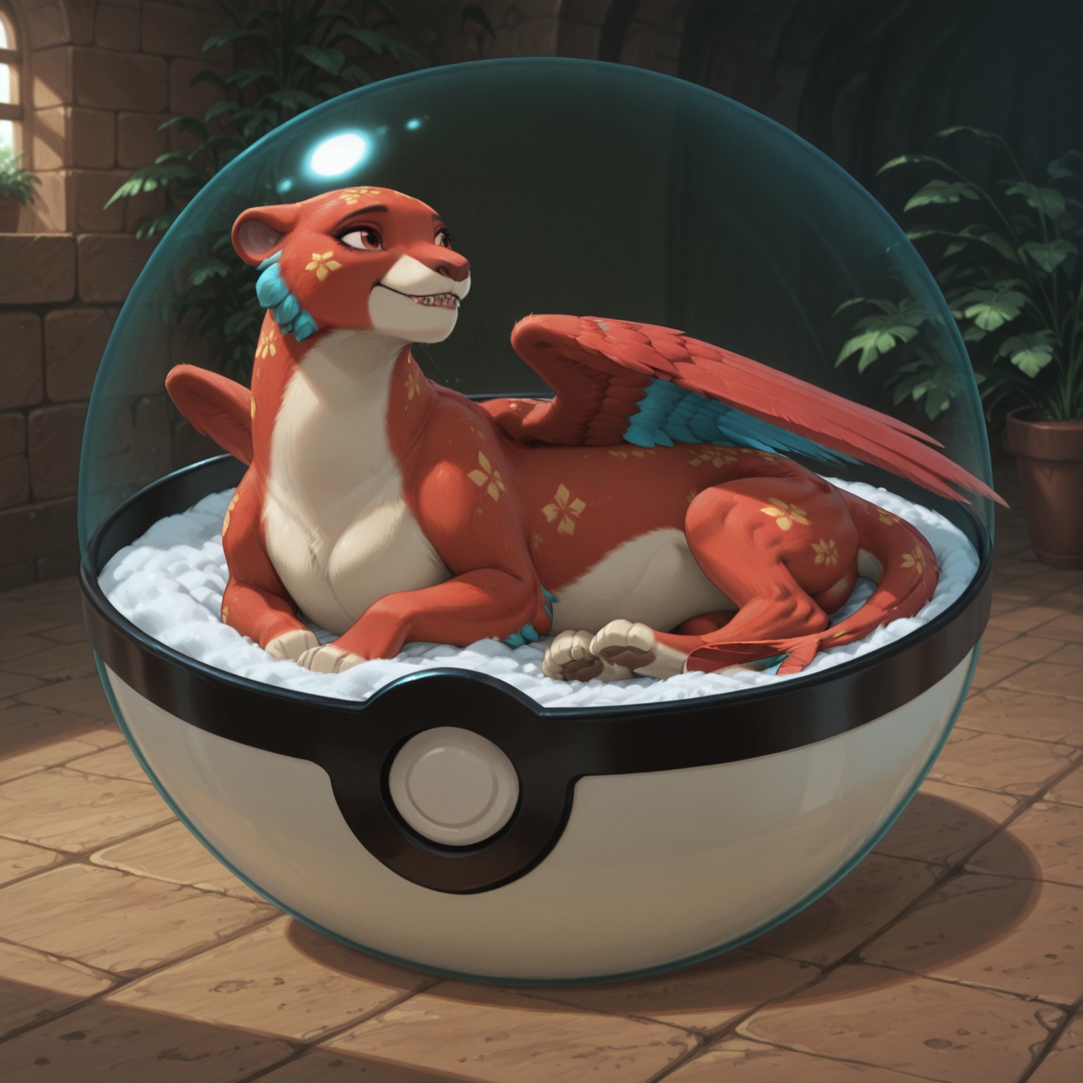 score_9, score_8_up, score_7_up, very aesthetic, by reallynxgirl, Expressiveh, absurdres, suggestive, best quality, solo, feral, Jaquin Elena, lies curled up in a ball, folded wings, wings pressed, 1ns1d3pok3ballv2, inside pokeball, no humans