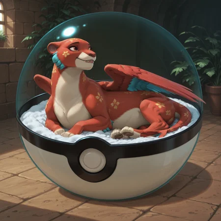 score_9, score_8_up, score_7_up, very aesthetic, by reallynxgirl, Expressiveh, absurdres, suggestive, best quality, solo, feral, Jaquin Elena, lies curled up in a ball, folded wings, wings pressed, 1ns1d3pok3ballv2, inside pokeball, no humans