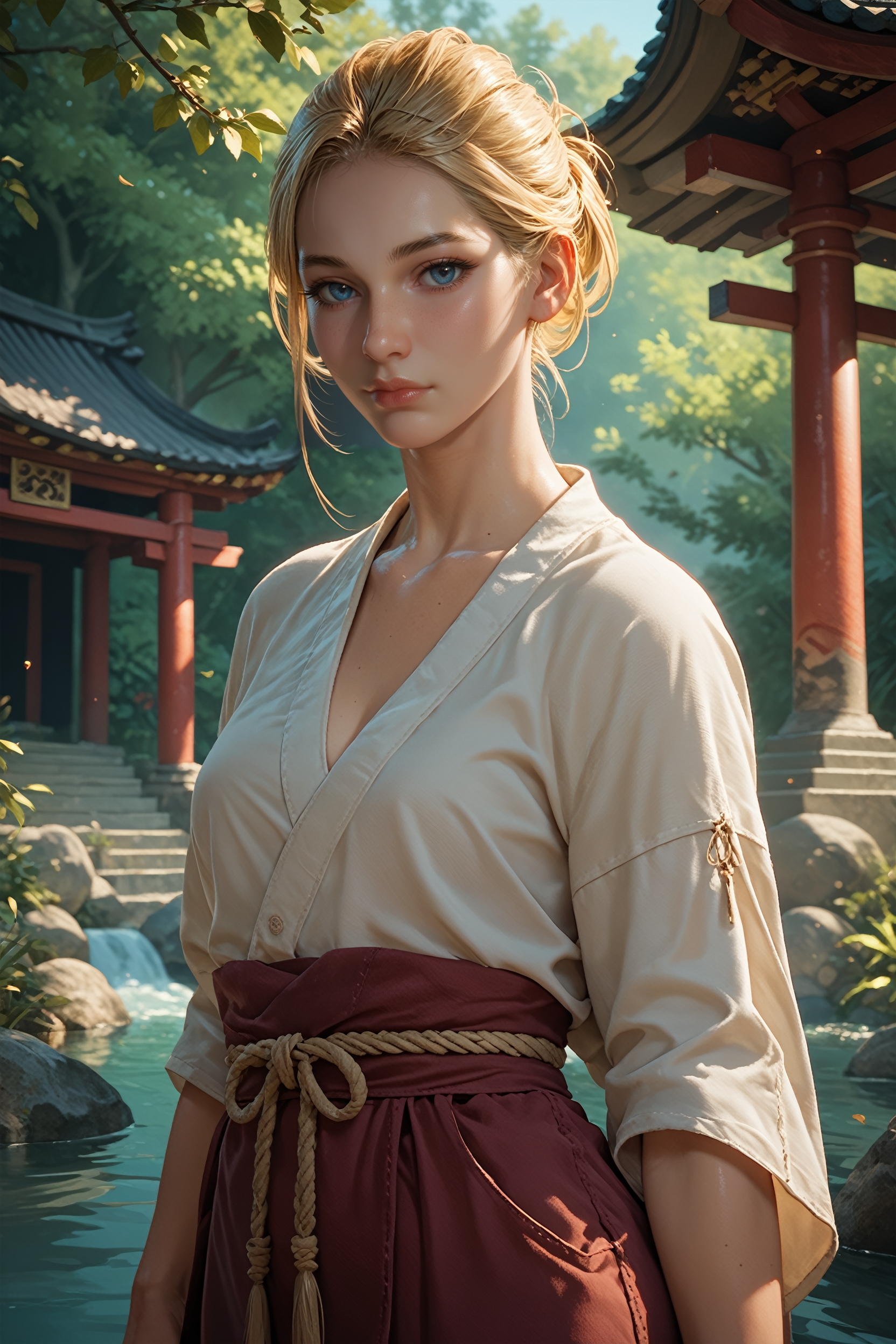 score_9, score_8_up, score_7_up, score_6_up
<lora:UncElena:0.9>
UncElena, 1girl, blonde hair, blue eyes, looking at viewer, stands in a dimly lit, sacred shrine