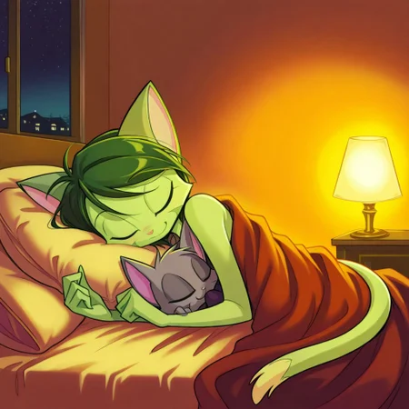 score_9, score_8_up, score_7_up,lilith_calah,
1girl,solo,furry,tail,dark green hair, source_furry,
,<lora:lilith_calah_illustrious:0.8>,
cat_ears, neko, cute, blush, smile, short_hair, bob_hair, indoors, pillow, cozy, sleeping, bed, curled_up, relaxed, soft_blanket, closed_eyes, peaceful, dim_lighting, anime_style, warm_colors, night_time, detailed_background